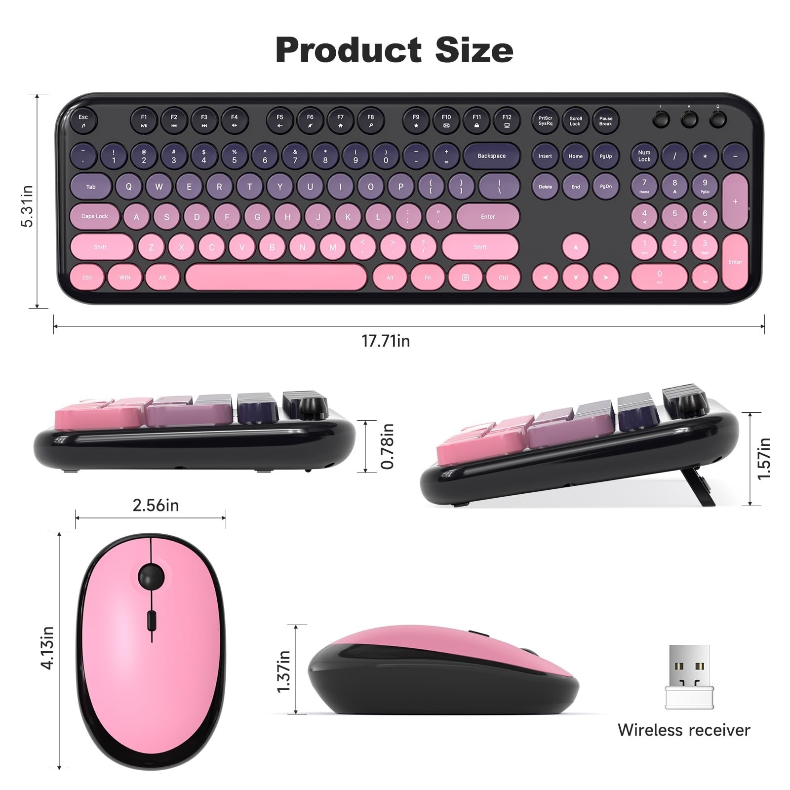 Wireless Keyboard Mouse Combo – Lovely CherryPink-Gradient Rainbow Full-Sized…