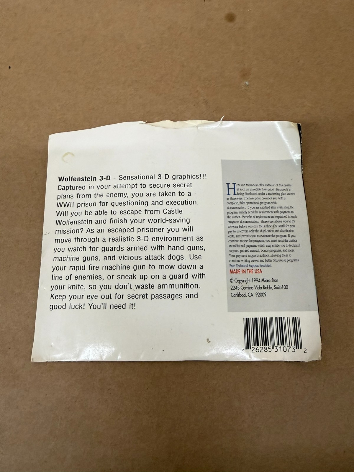RARE Vintage Wolfenstein 3D Escape From WWII Prison Floppy DOS Game