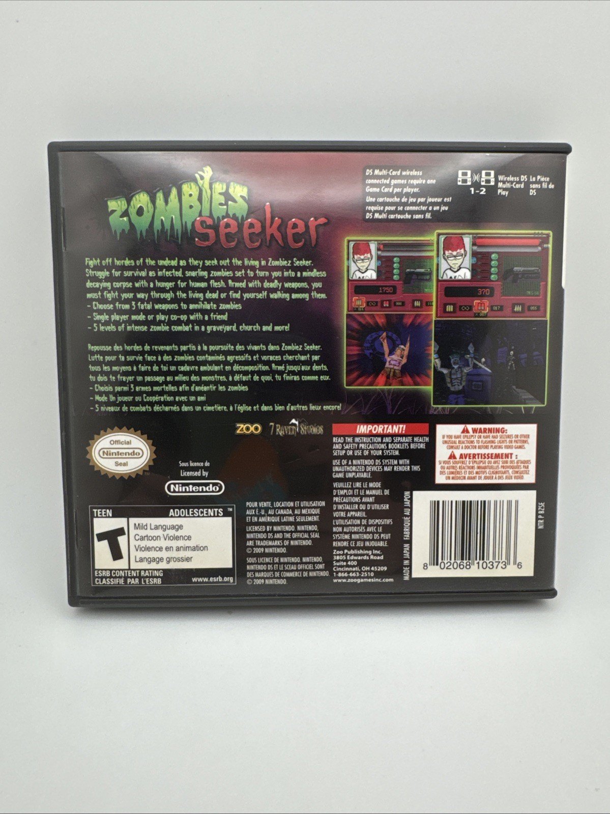 Zombies Seeker Nintendo DS Zoo 7 Raven Studios Complete CIB