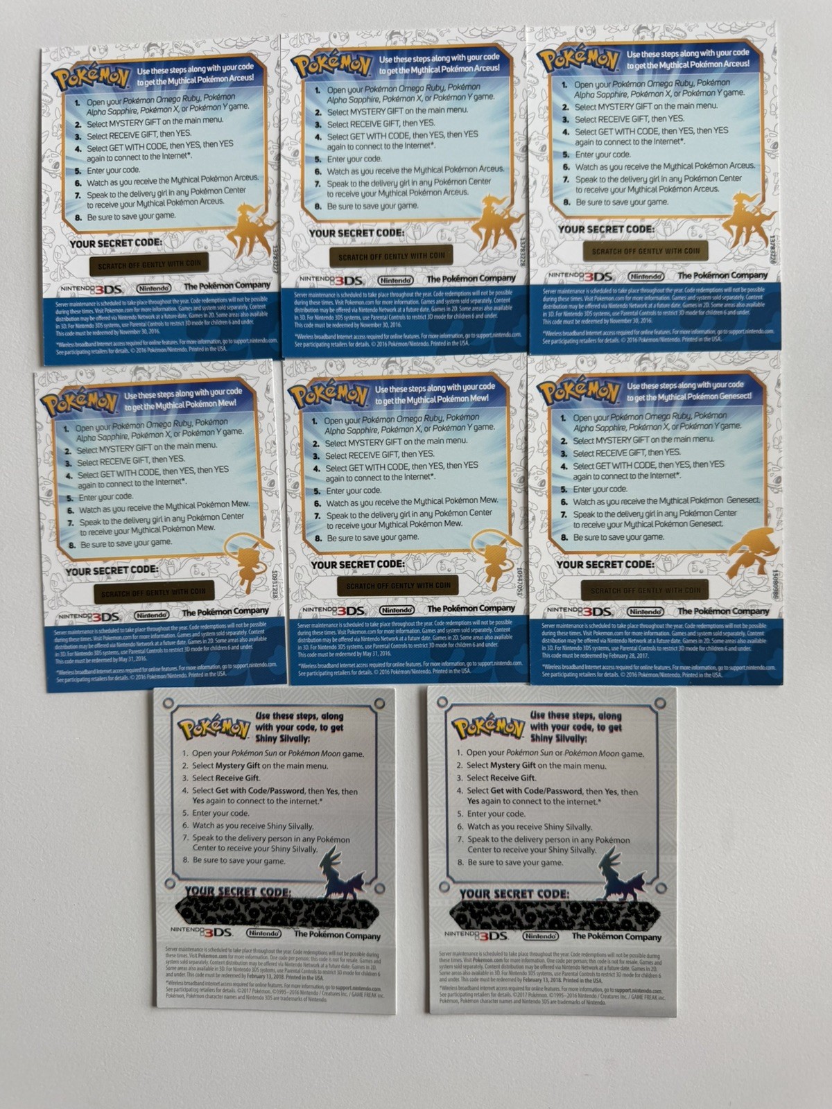 Nintendo 3ds Mythical Pokemon Code Cards (8) expired codes – unscratched