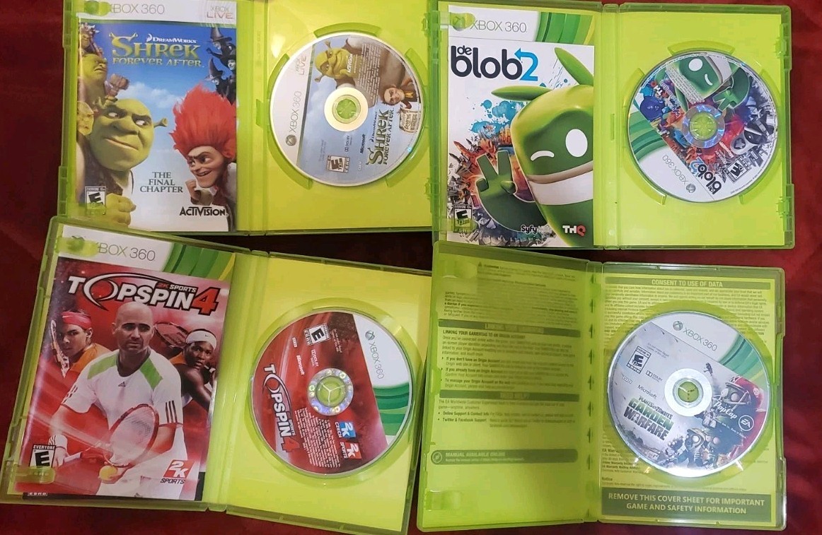 Lot of 7 Xbox 360 games Shrek Terraria Rayman Origins Hunted De Blob 2, Top Spin