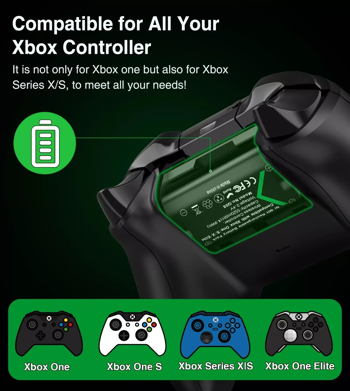 2 X 5520 Rechargeable Battery Pack for Xbox One/Xbox Series X|S Controller
