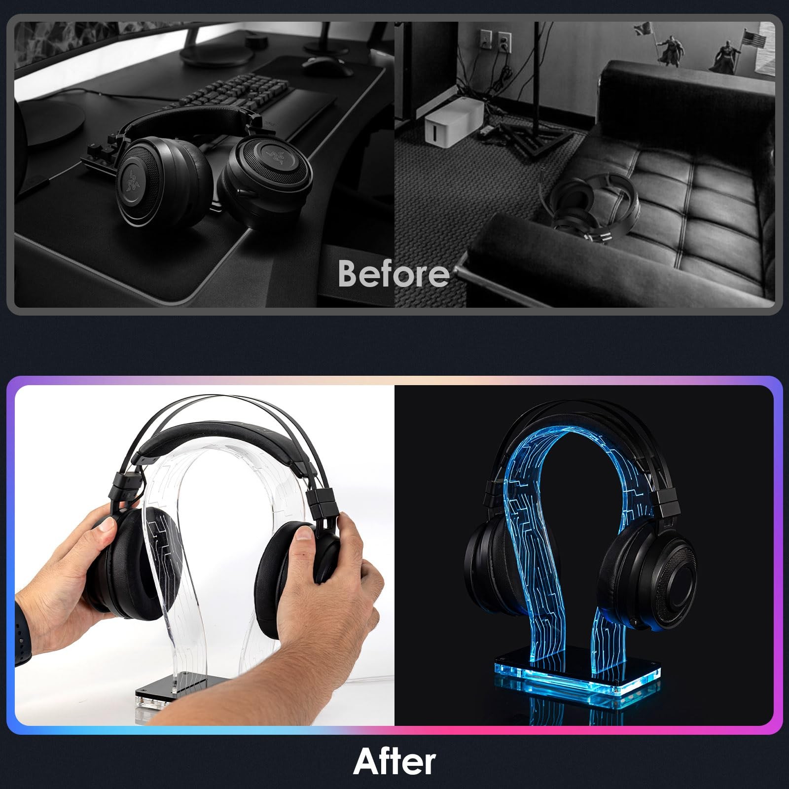 RGB Headphone Stand 213 Modes 60000 Colors Remote and App Controls Acrylic