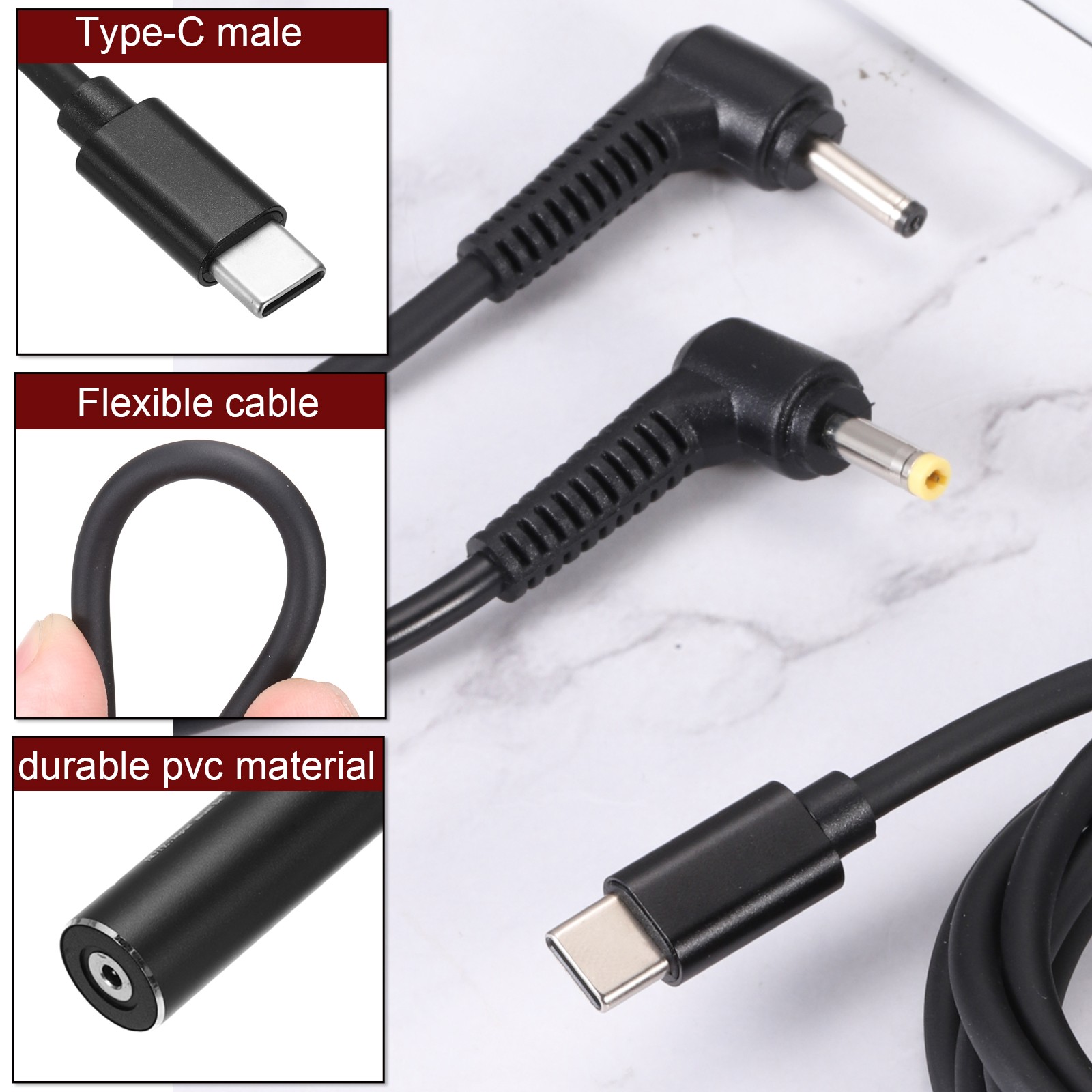 0.6FT USB C to DC PD Power Fast Charging Cable, 2.5mmx0.7mm 65W/5V/9V/20V(Black)