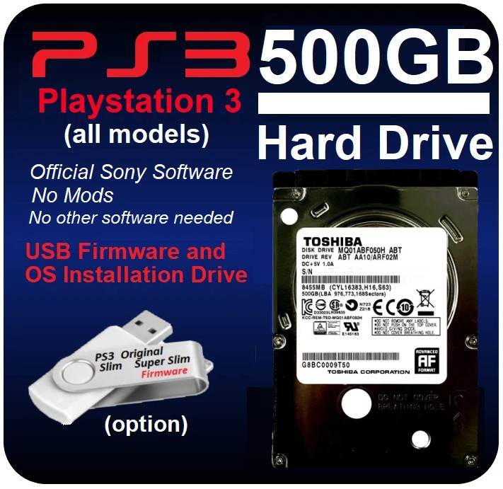PS3 Original, Slim, Super SIim Internal Hard Drive 500GB w USB Firmware Option