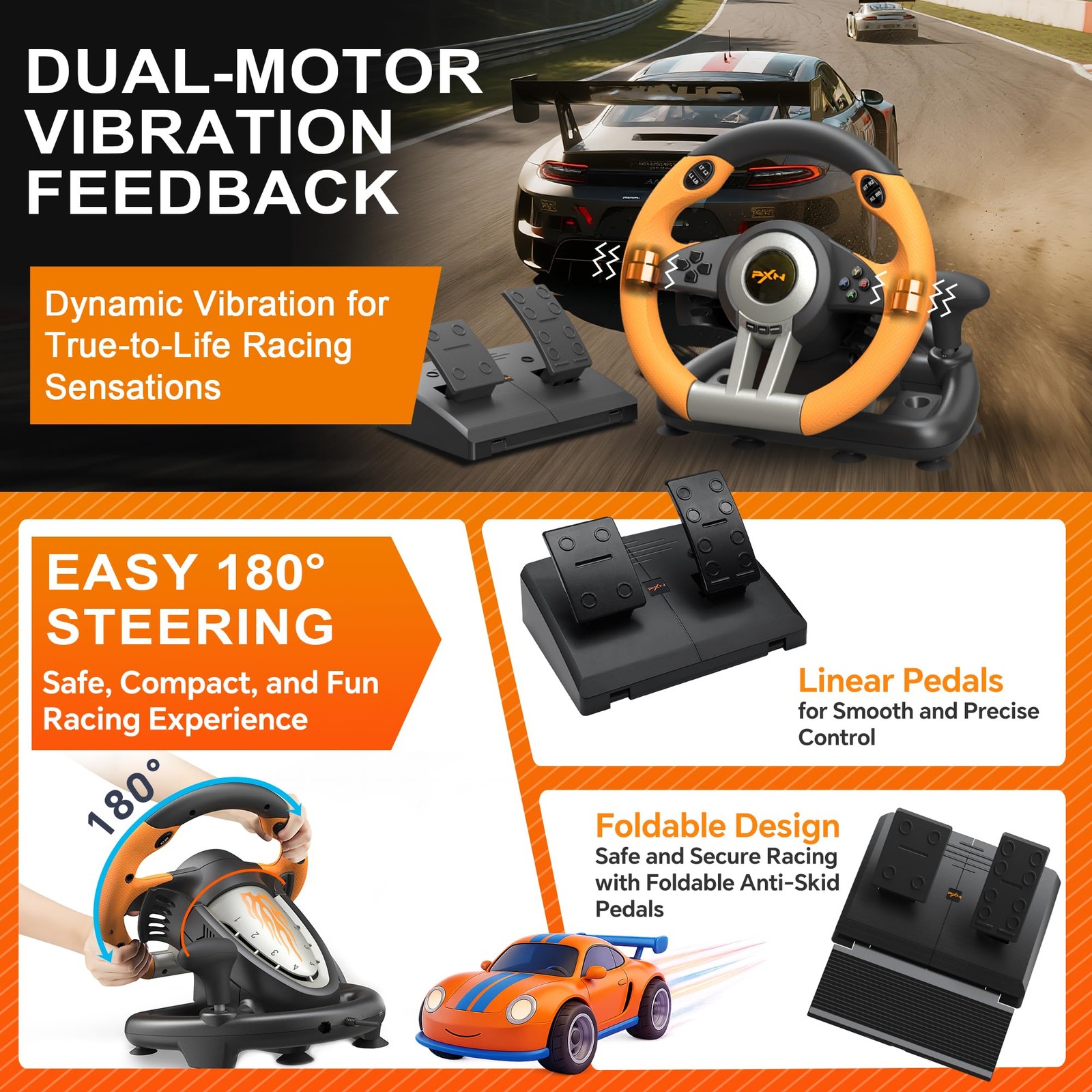 PXN PC Racing Wheel, V3II 180 Degree Universal Usb Car Sim Race Steering Wheel w