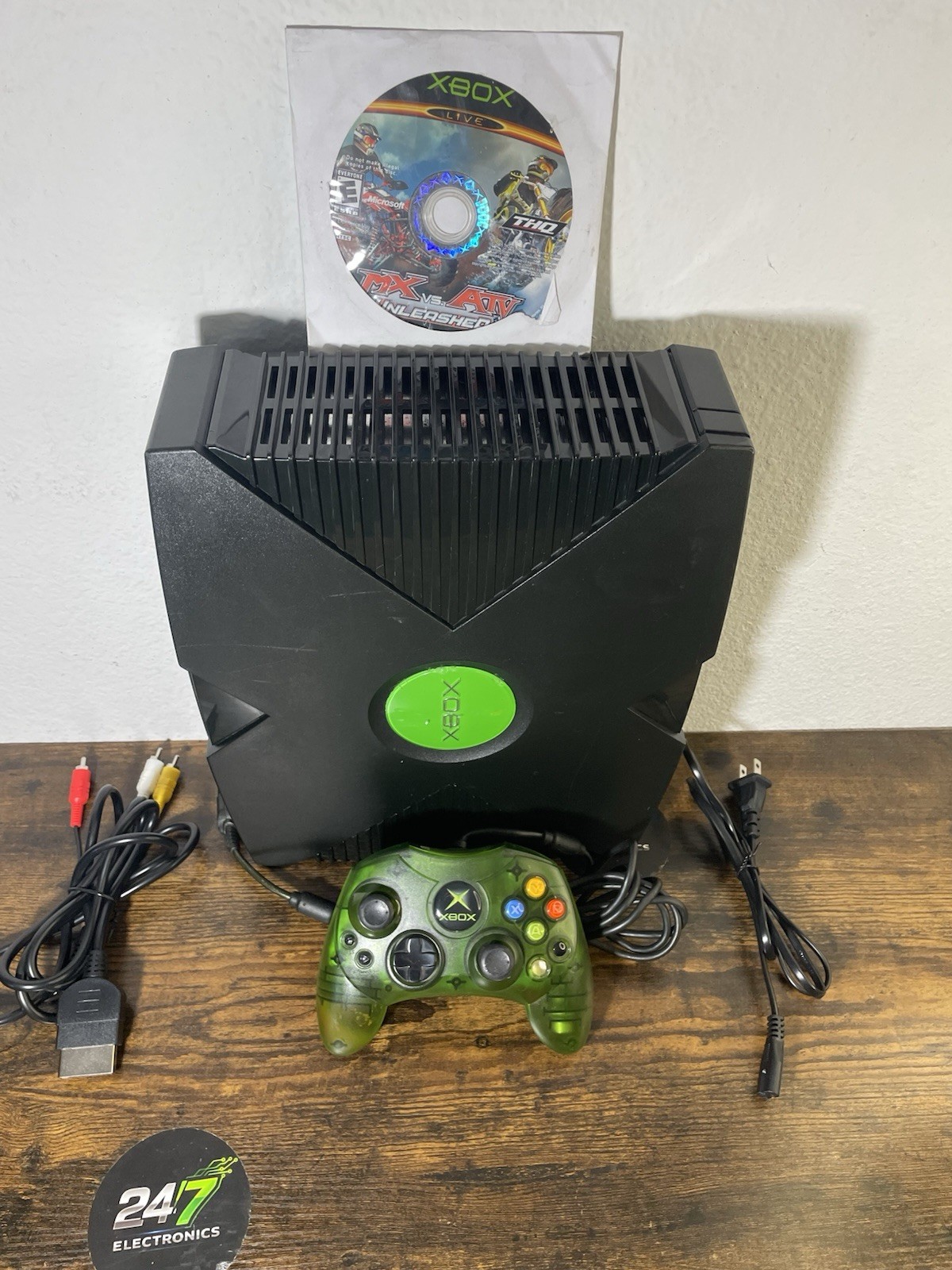 Xbox Original Console Microsoft Black w/ Green Controller AV Power READ TESTED