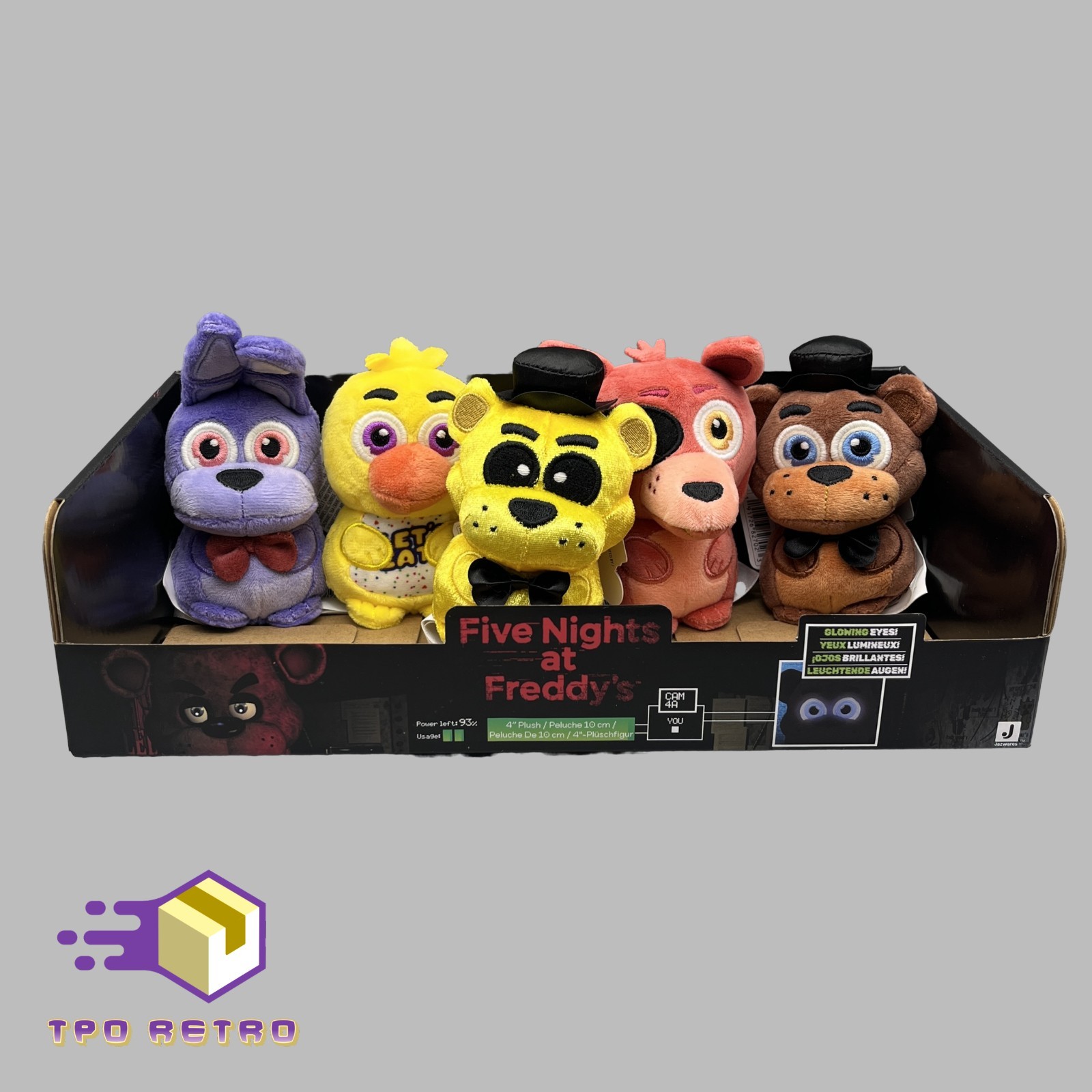 Jazwares FNAF 2025 4″ Mini Plush GLOW EYES Complete Set of 5 & Display Case Box
