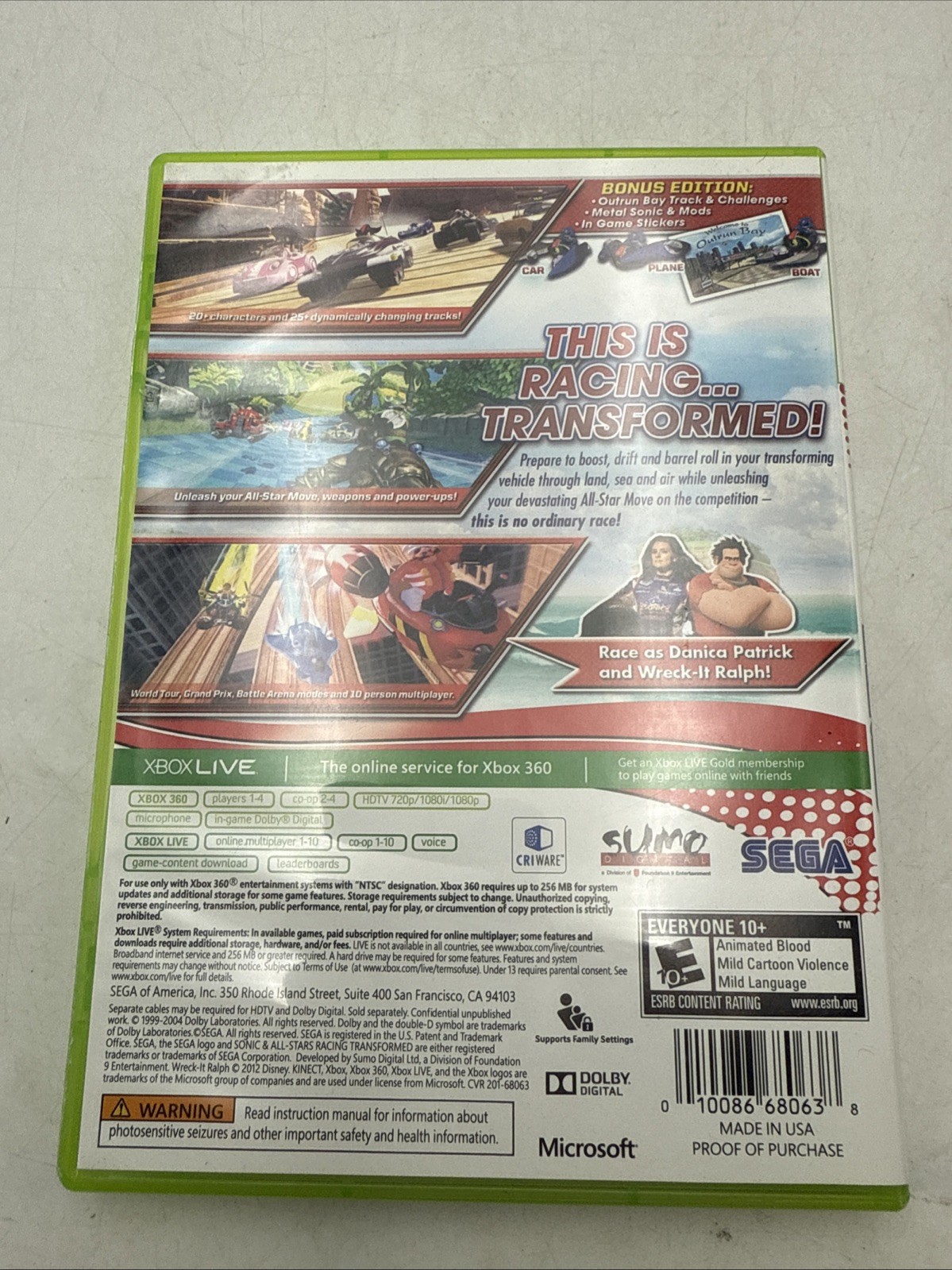 Sonic & All-Stars Racing Transformed Bonus Edition CIB Microsoft Xbox 360 Tested