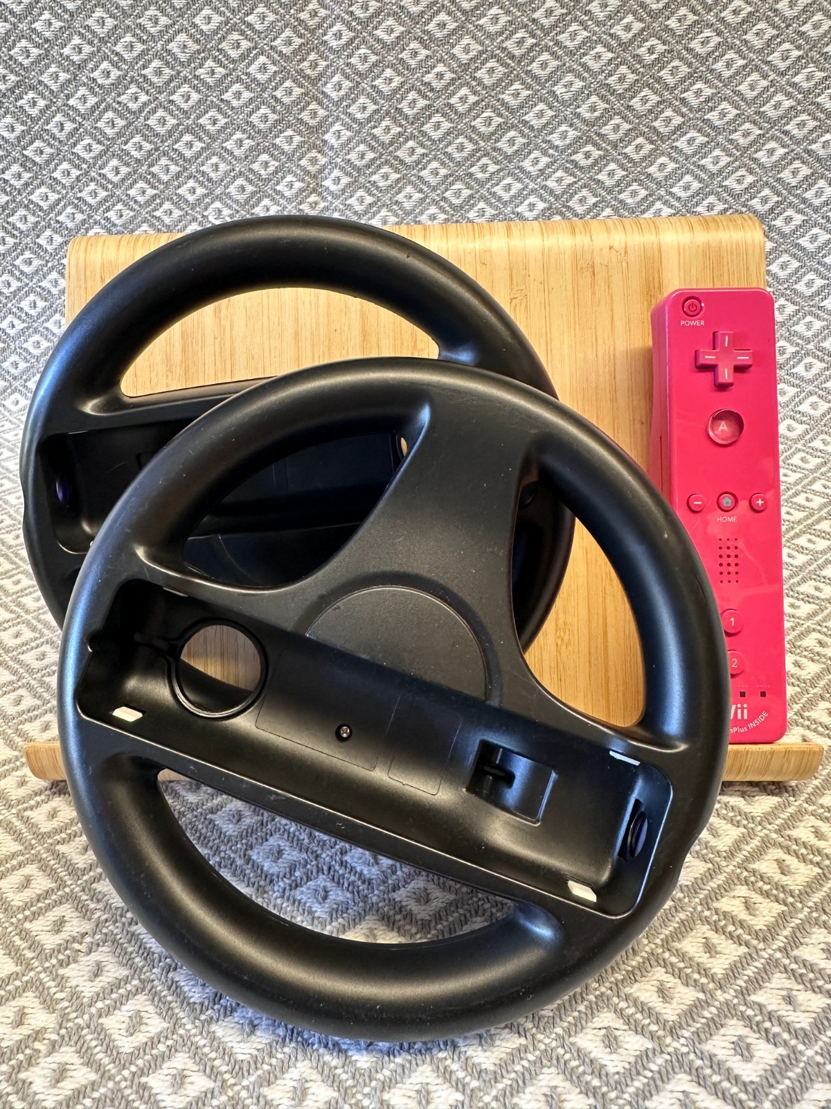 Lot of 2 Nintendo Wii Steering Wheel 1 Pink Controller Double Black Mario Kart