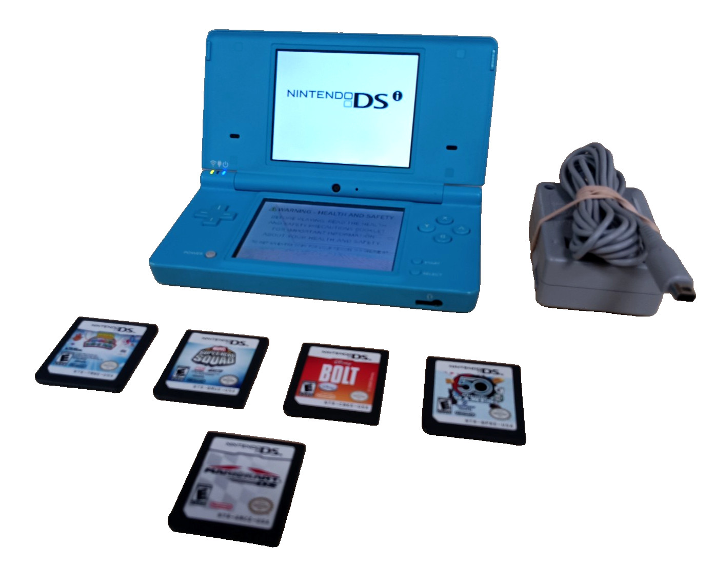 Nintendo DSi light blue console bundle w/ 5 games & charger- Tested