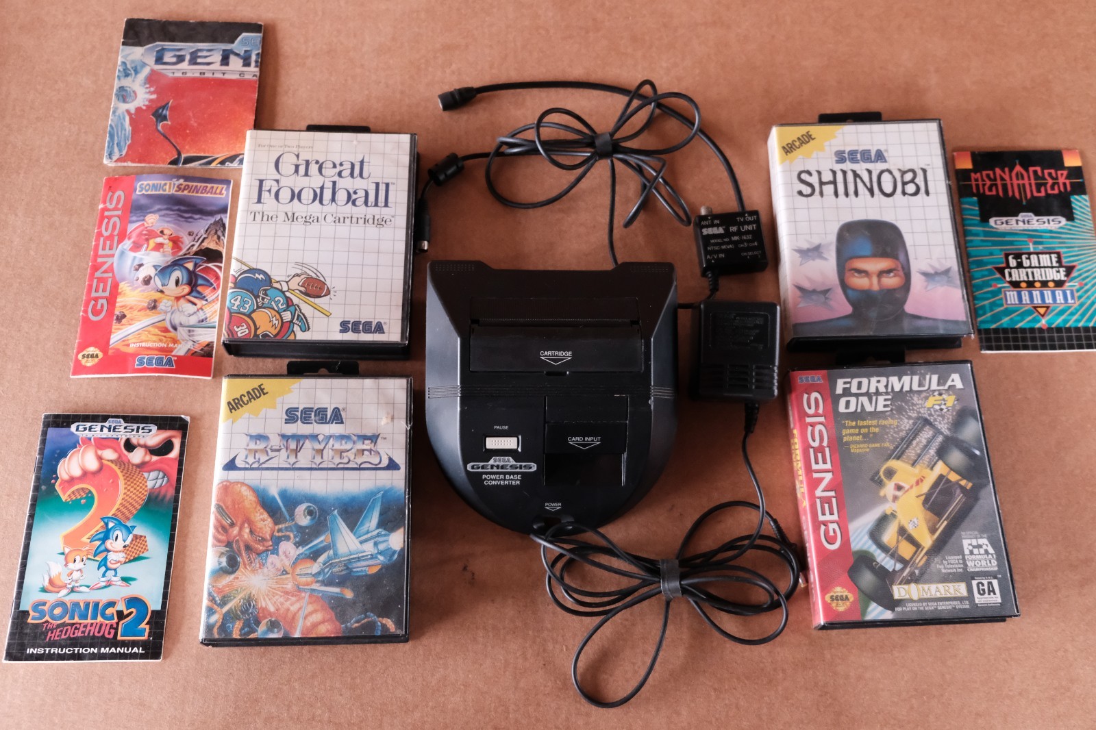 Sega Genesis Power Base Converter, 4 games, MK-2103 Power Supply MK-1632 Adapter