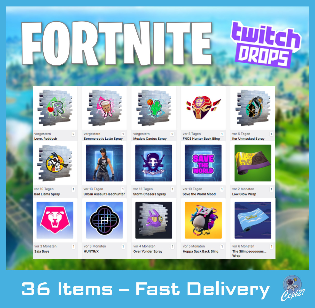 Fortnite Twitch Drops – Backs + Wraps + Sprays + MORE – 36 Items