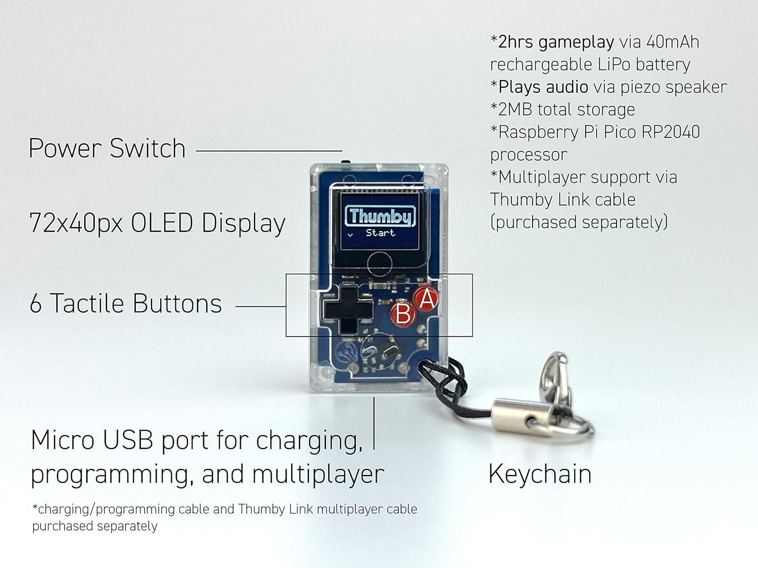 Thumby Keychain Mini Game Console: Retro Fun & STEM Learning, USB Rechargeable
