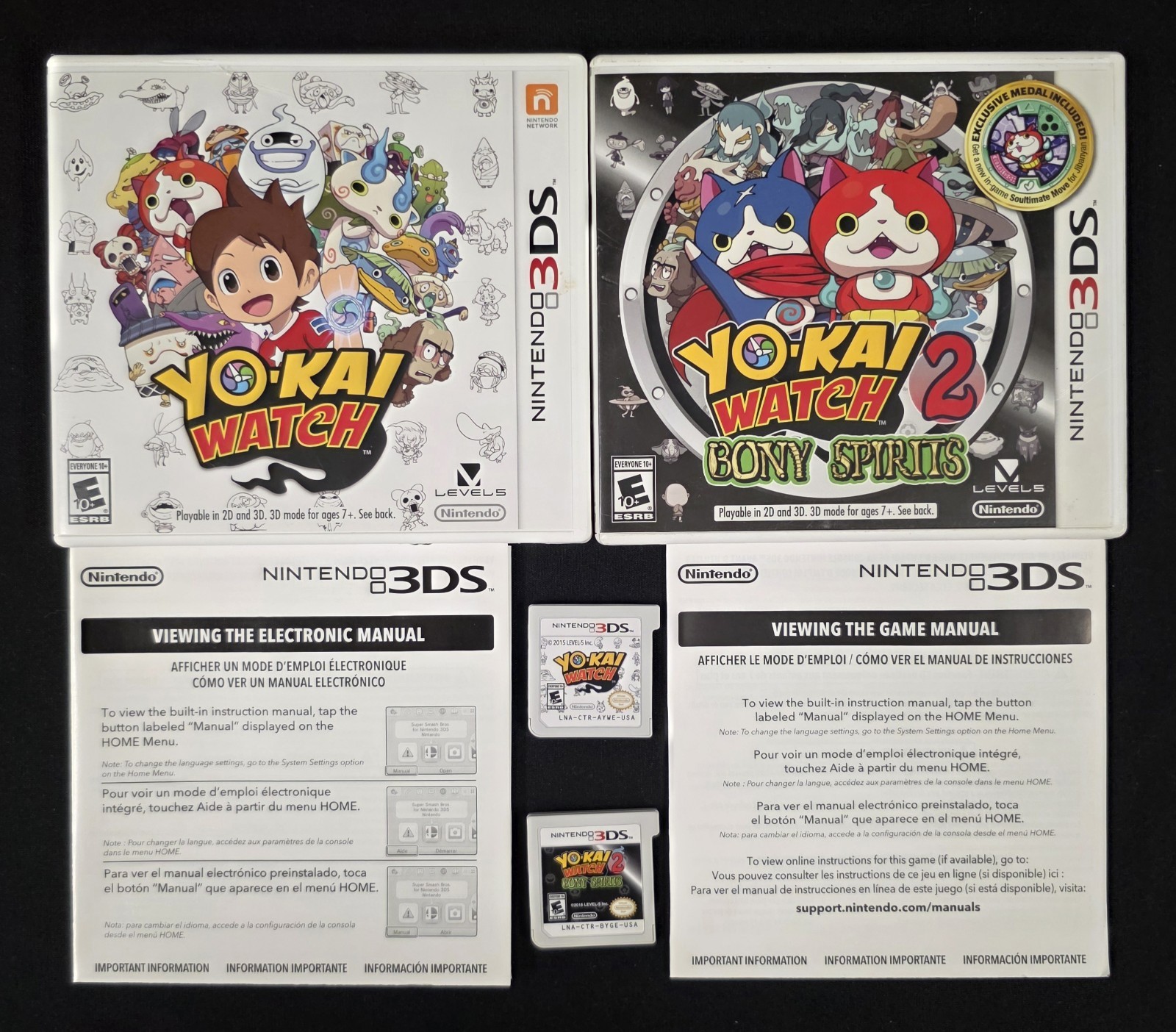 Yo-Kai Watch 1 & 2 Bony Spirits Bundle (Nintendo 3DS) Cib Complete – Tested