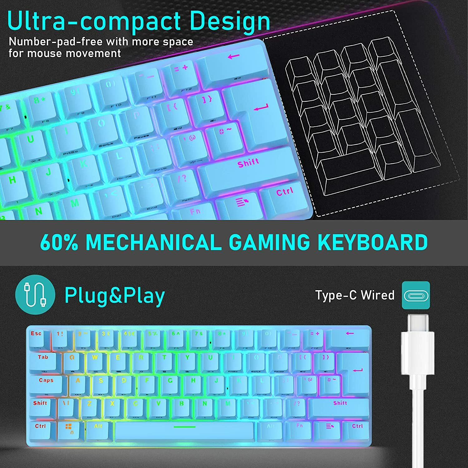 60% Wired Mechanical Gaming Keyboard Mini RGB Backlit Type-C for PC PS4 PS5 Xbox