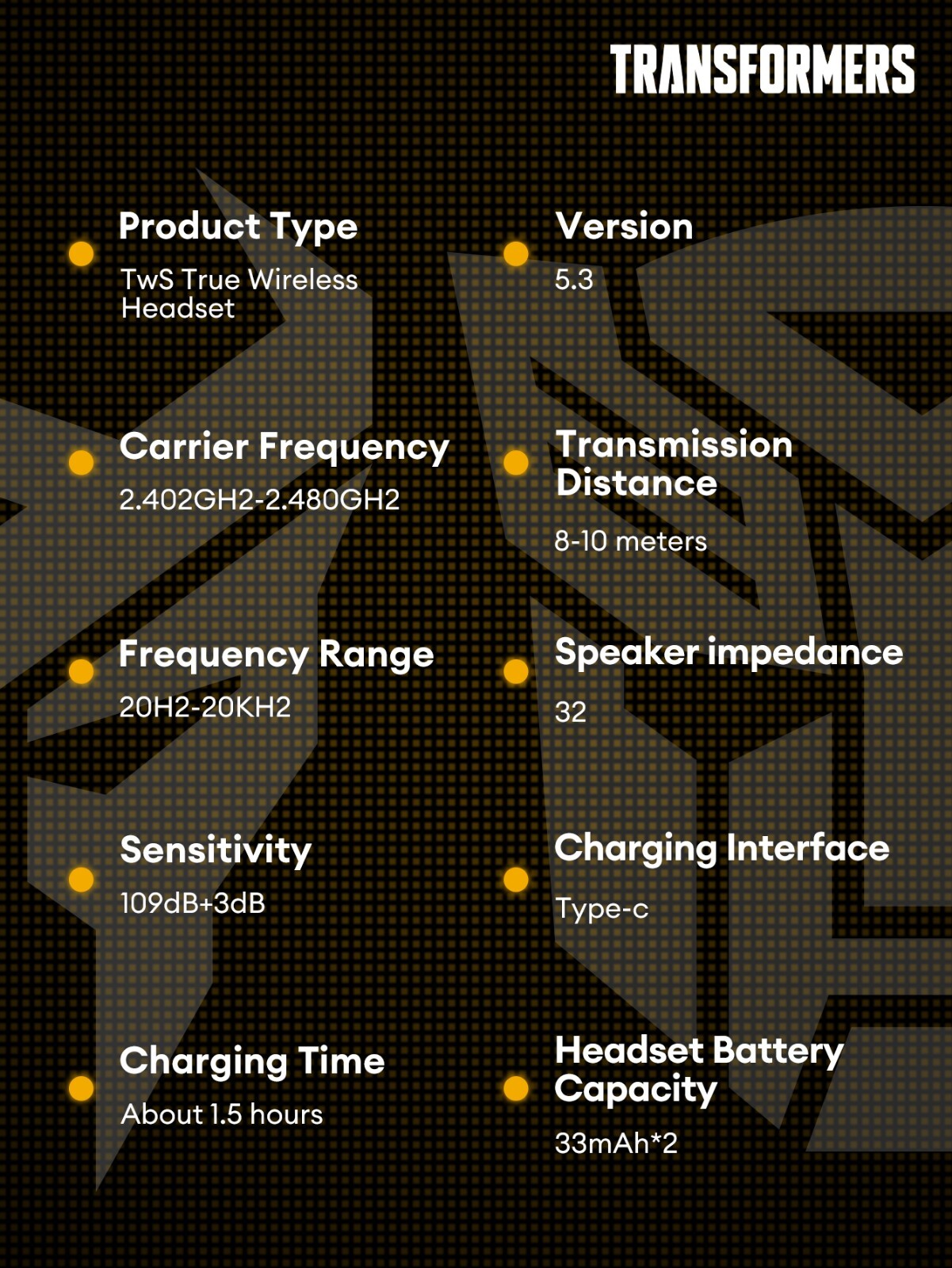 TRANSFORMERS Bumblebee Yellow BT TWS 5.3 Low Latency Noise Reduction HiFi Stereo