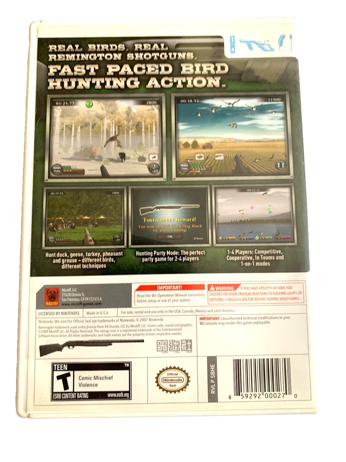 Remington Great American Bird Hunt Nintendo Wii 2009 Game CIB Complete In Box