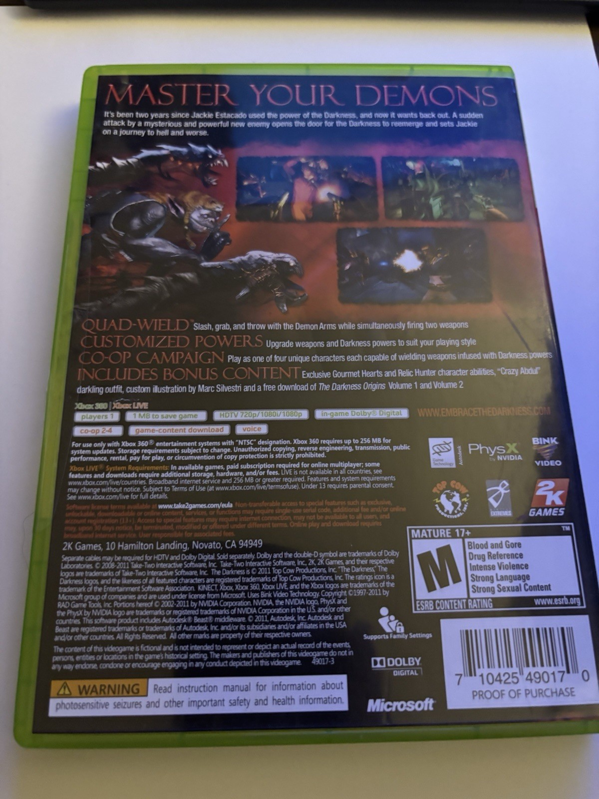 The Darkness 2 II Limited Edition (Xbox 360) Complete w/ Manual & Poster