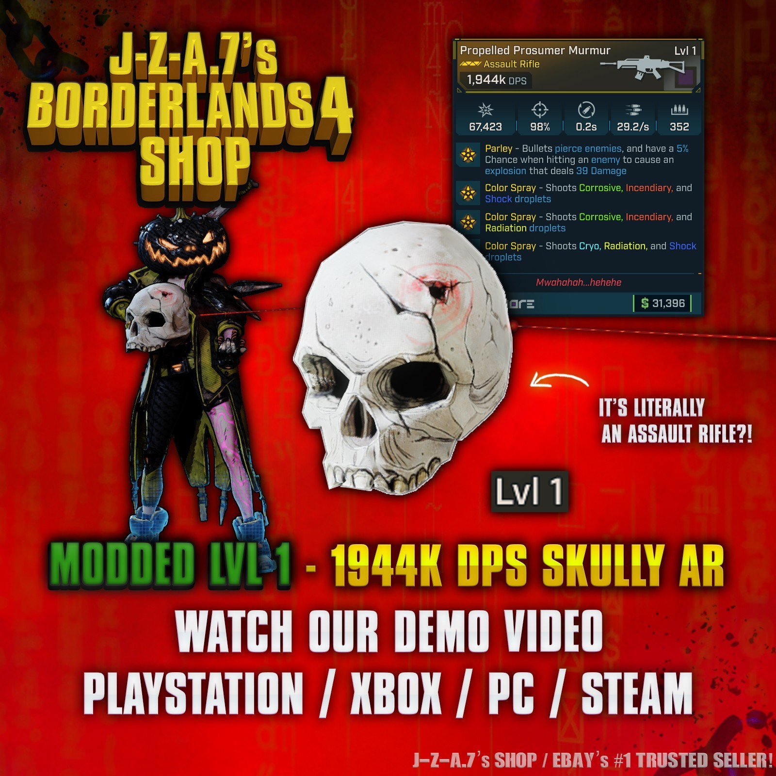 Borderlands 4✨ MODDED LEVEL 1 ONE 1944K DPS SKULLY MURMUR AR BL4✅PC-PS-XBOX✨