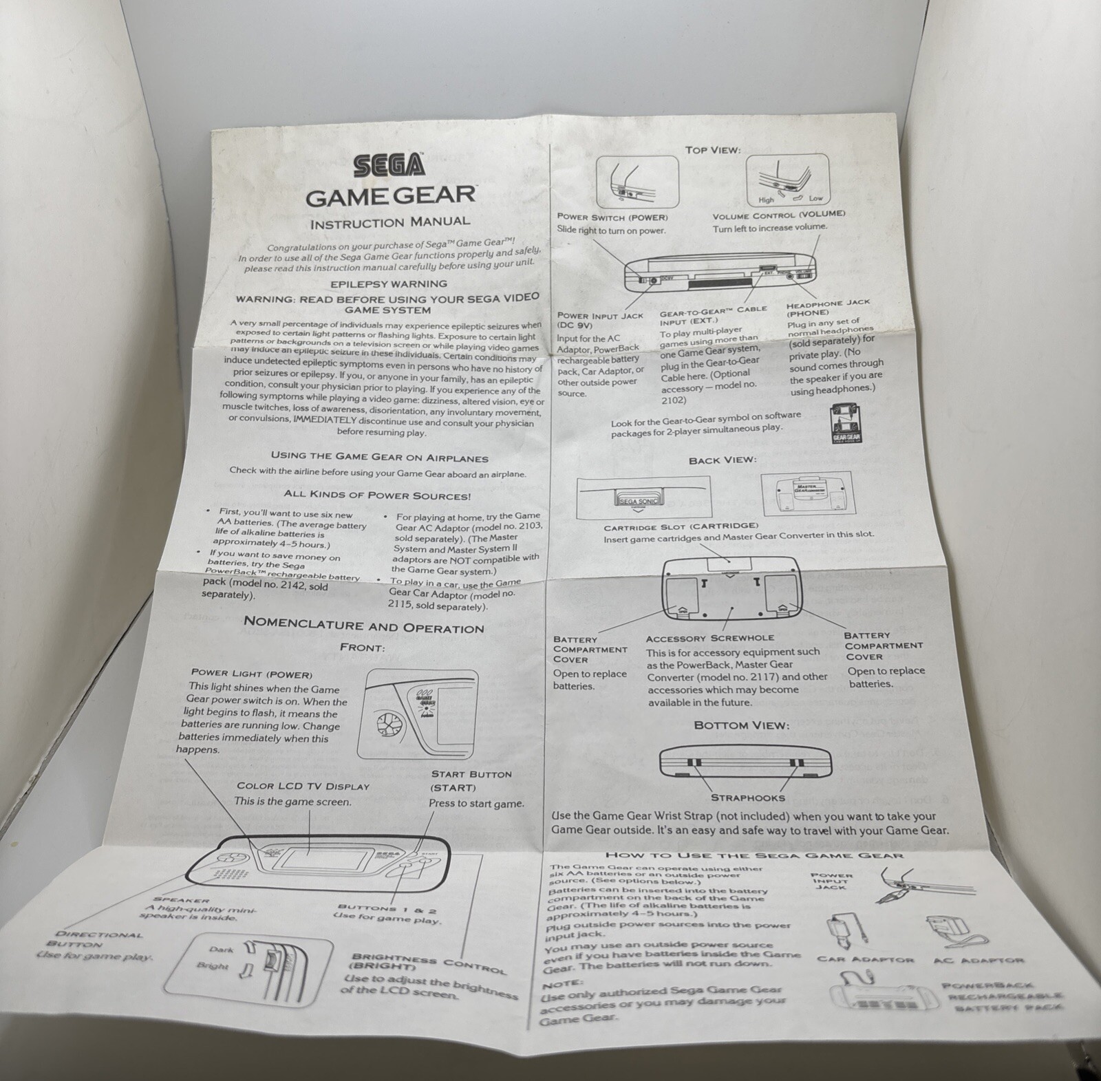 Sega Game Gear Instruction Manual Fold-Out Booklet Insert ONLY