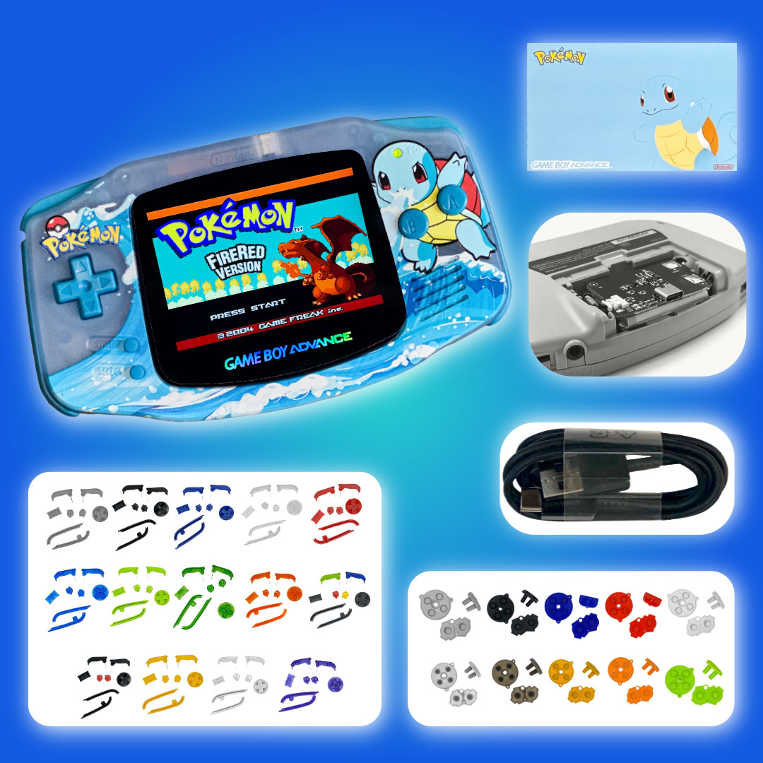 Nintendo Game Boy Advance GBA 3.0 M2 IPS Pokemon Console SQUIRTLE USB-C Battery
