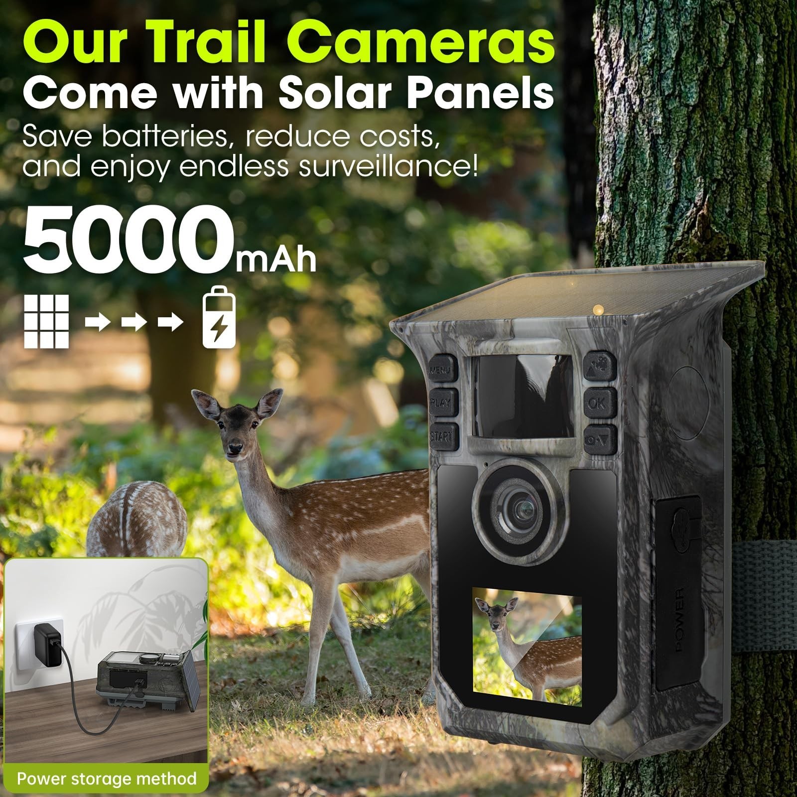Trail Camera 4K 64MP Solar Game Camera with 5000mAh Forever Power, 64GB Memor…