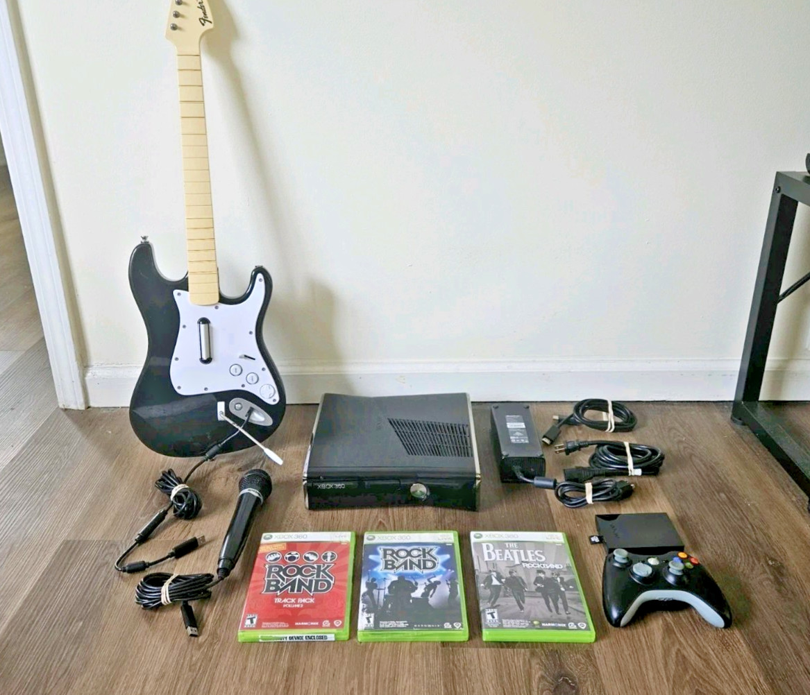 Xbox 360 Rock Band Guitar Bundle x3 Games Controller Console Slim 250GB Tested