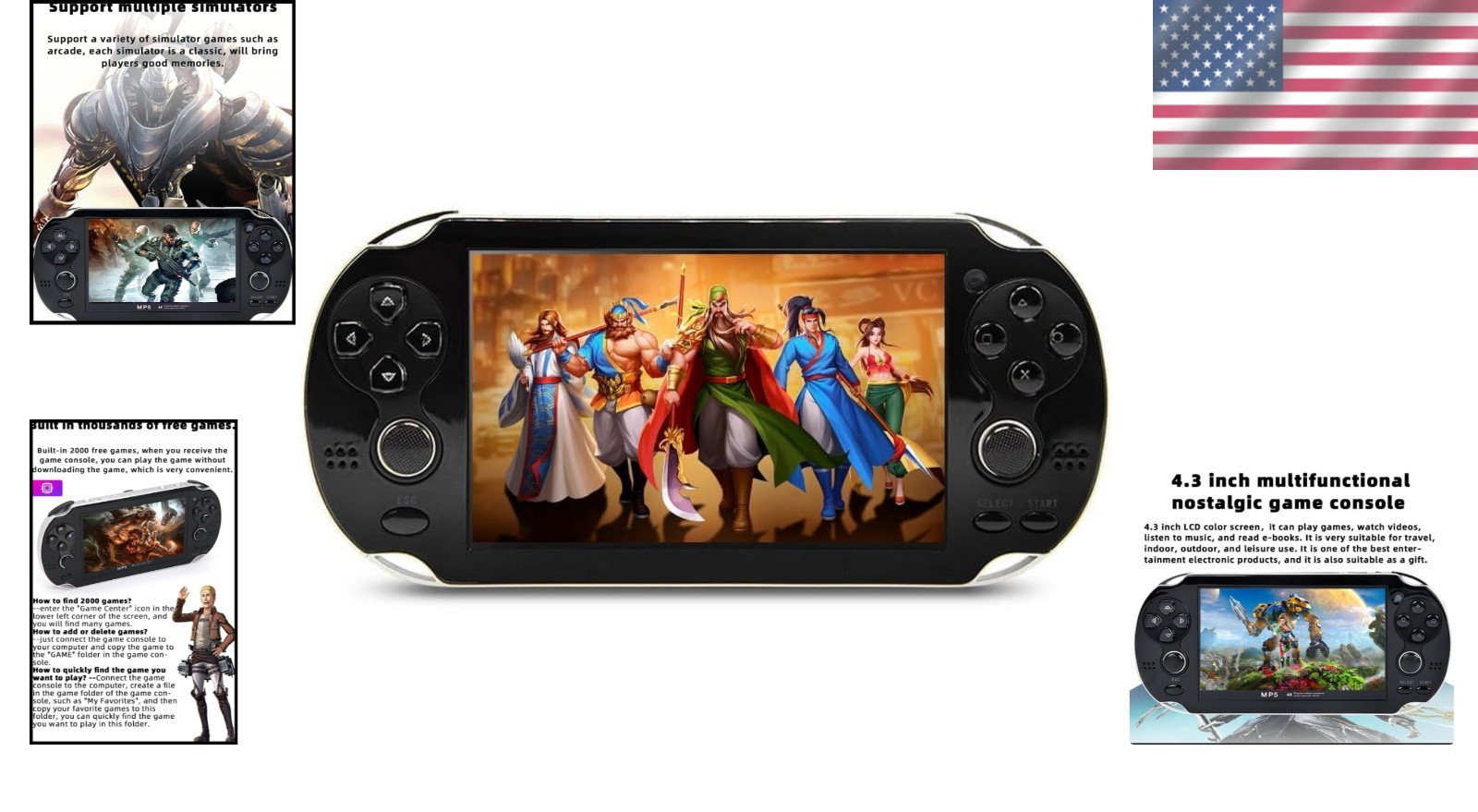Portable 4.3-Inch Game Console with Double Joystick & Built-in 2200 Games