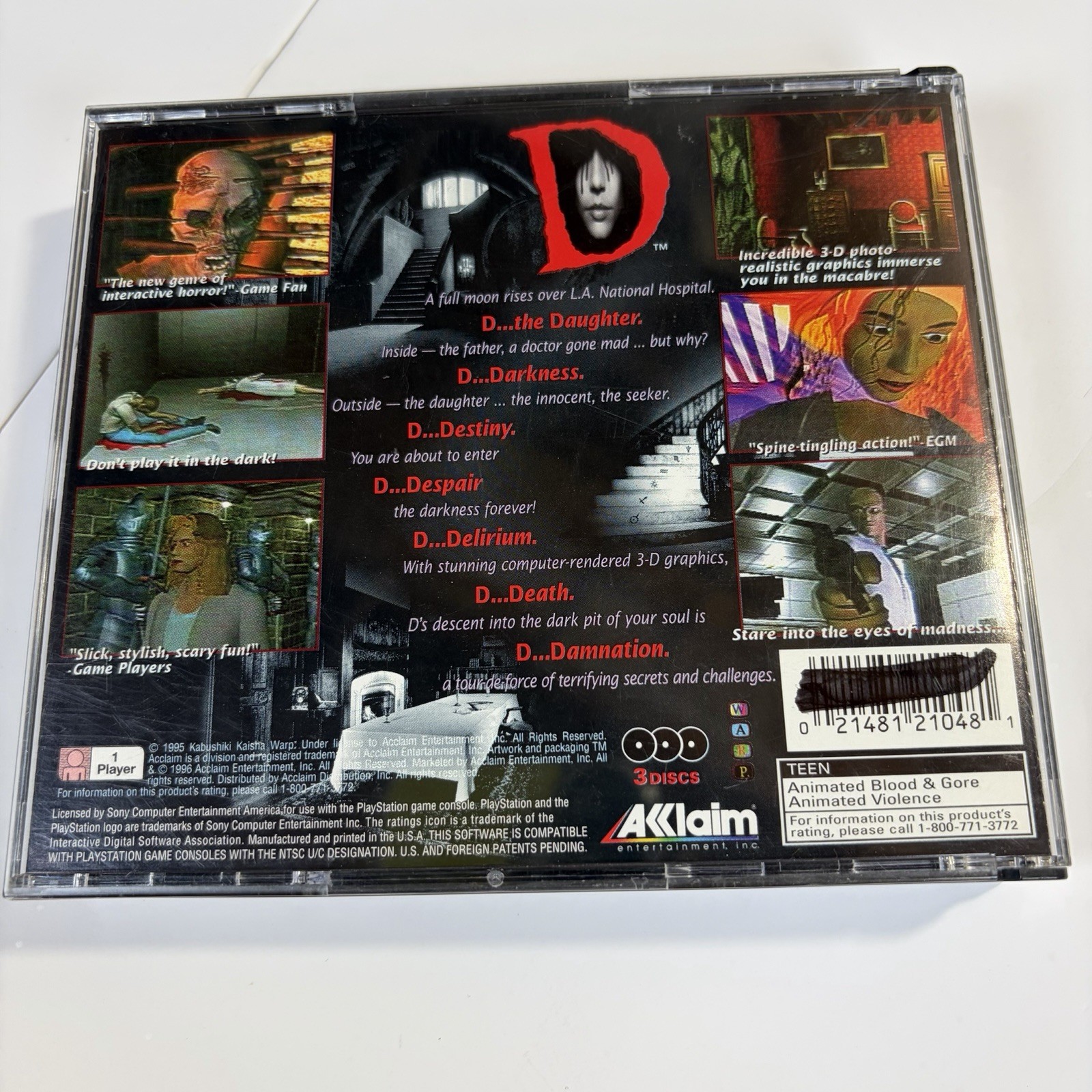 D The Game Sony Playstation 1 PS1 Complete 3 Disc Set Manual Jewel Case Tested