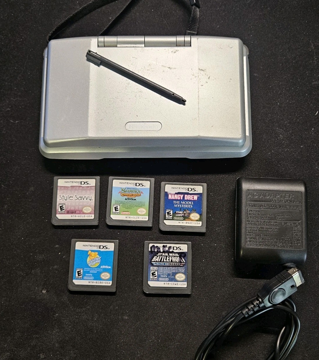 Nintendo DS Original NTR-001 Console Silver Tested W/ Stylus and 5 games