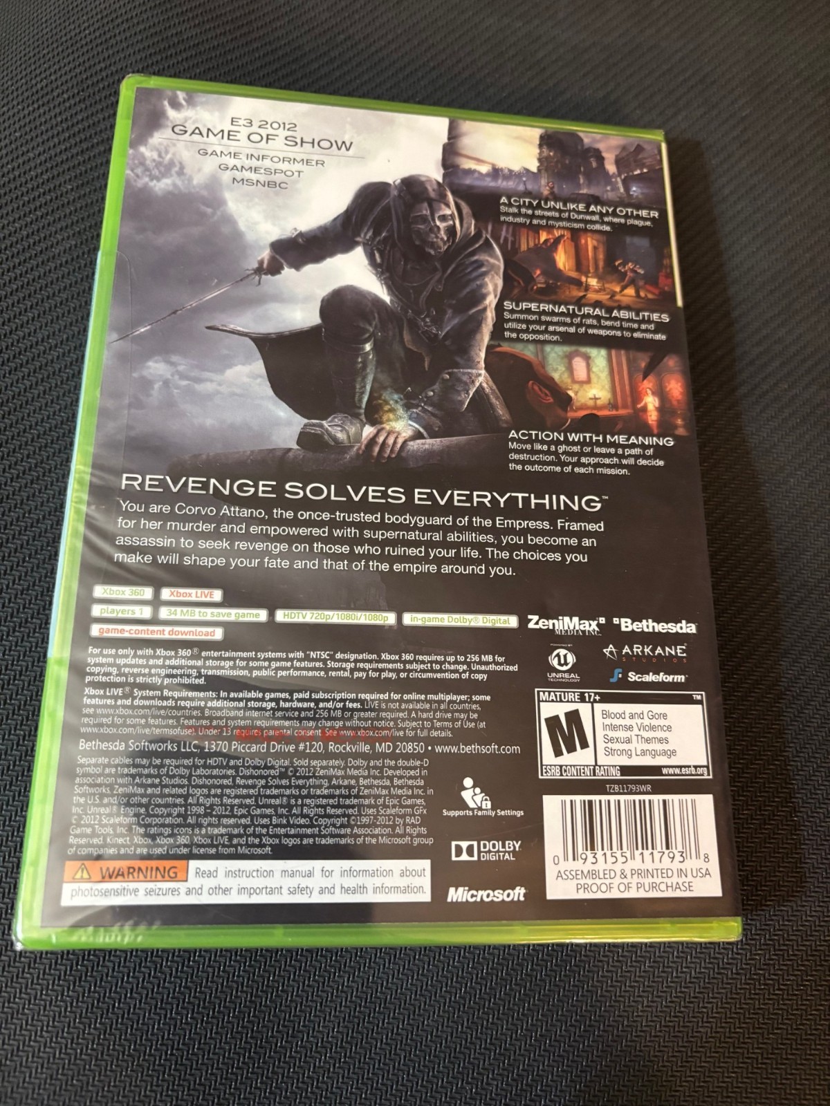 XBOX 360 Dishonored Game New Factory Sealed 2012 Original Release Cover
