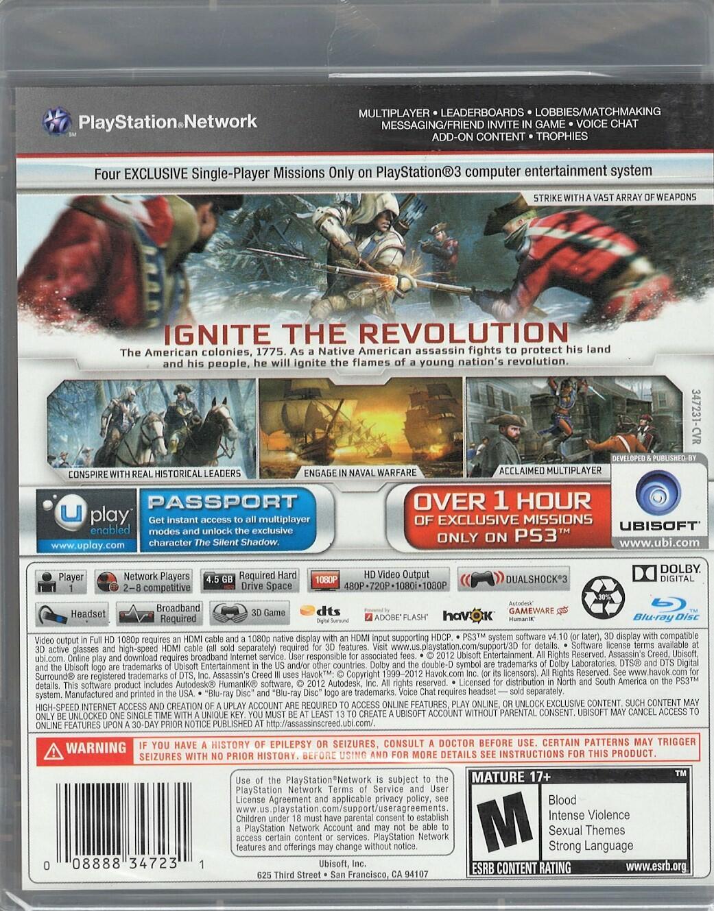 Assassin”s Creed III PS3 (Brand New Factory Sealed US Version) PlayStation 3, P