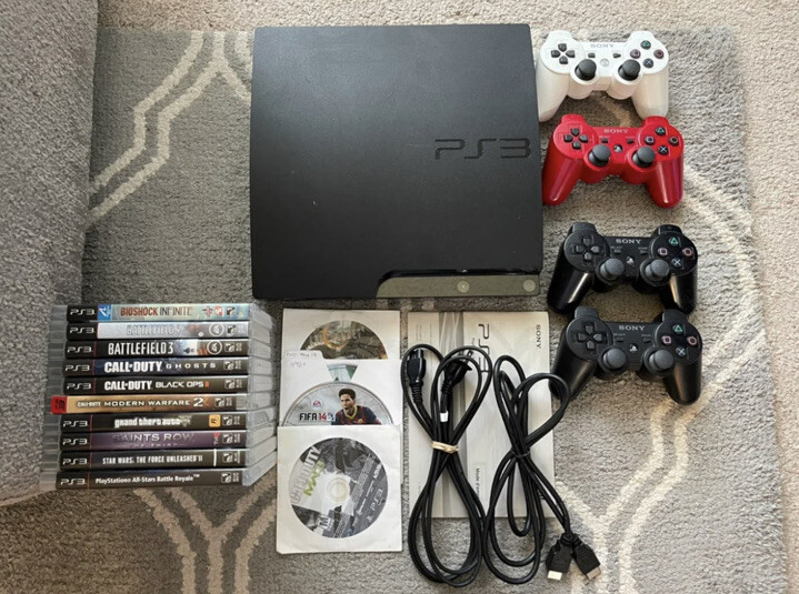 Playstation 3 Slim Console TESTED 160GB with 4 Controllers, 14 Games SEE NOTES