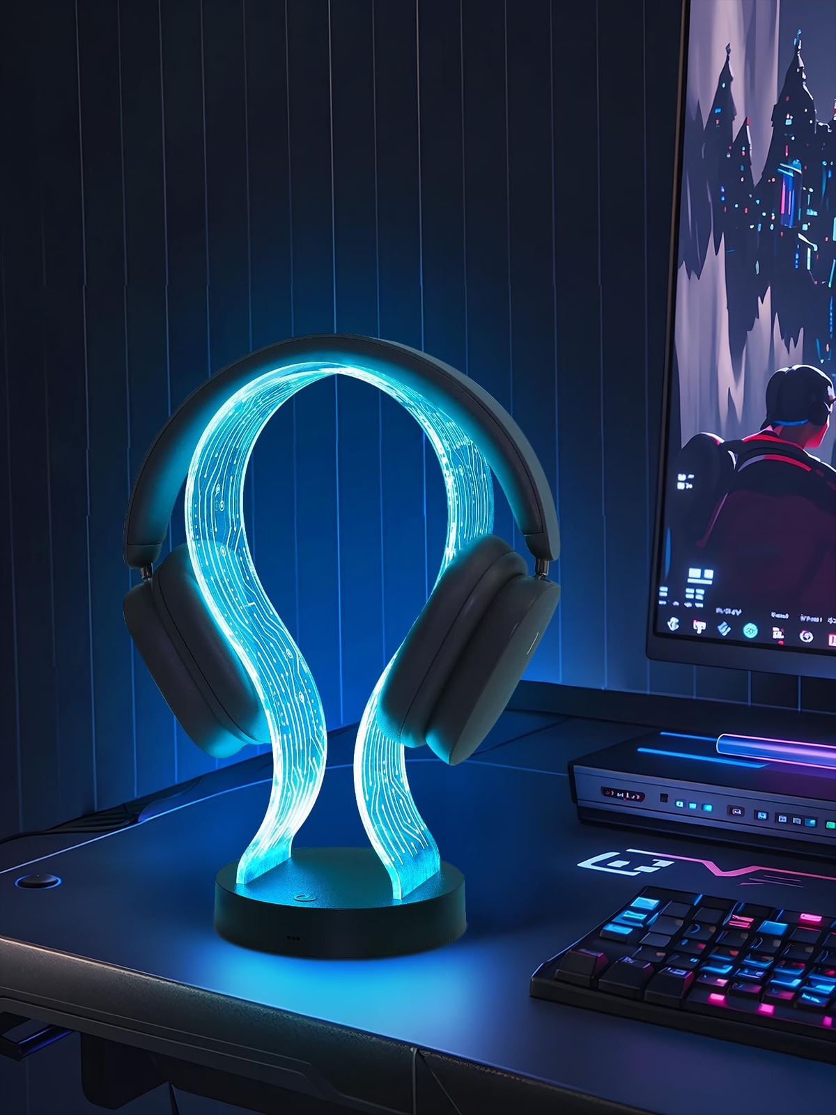 Light Up Headphone Stand with 16 Color Lights, PCB Pattern Acrylic Headset St…