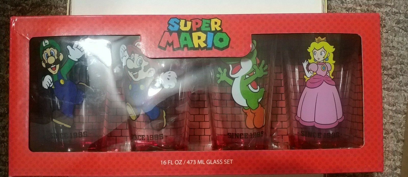 Nintendo Super Mario 4 Piece Pint (16 oz) Glass Set-New-Mario/Luigi/Yoshi/Peach