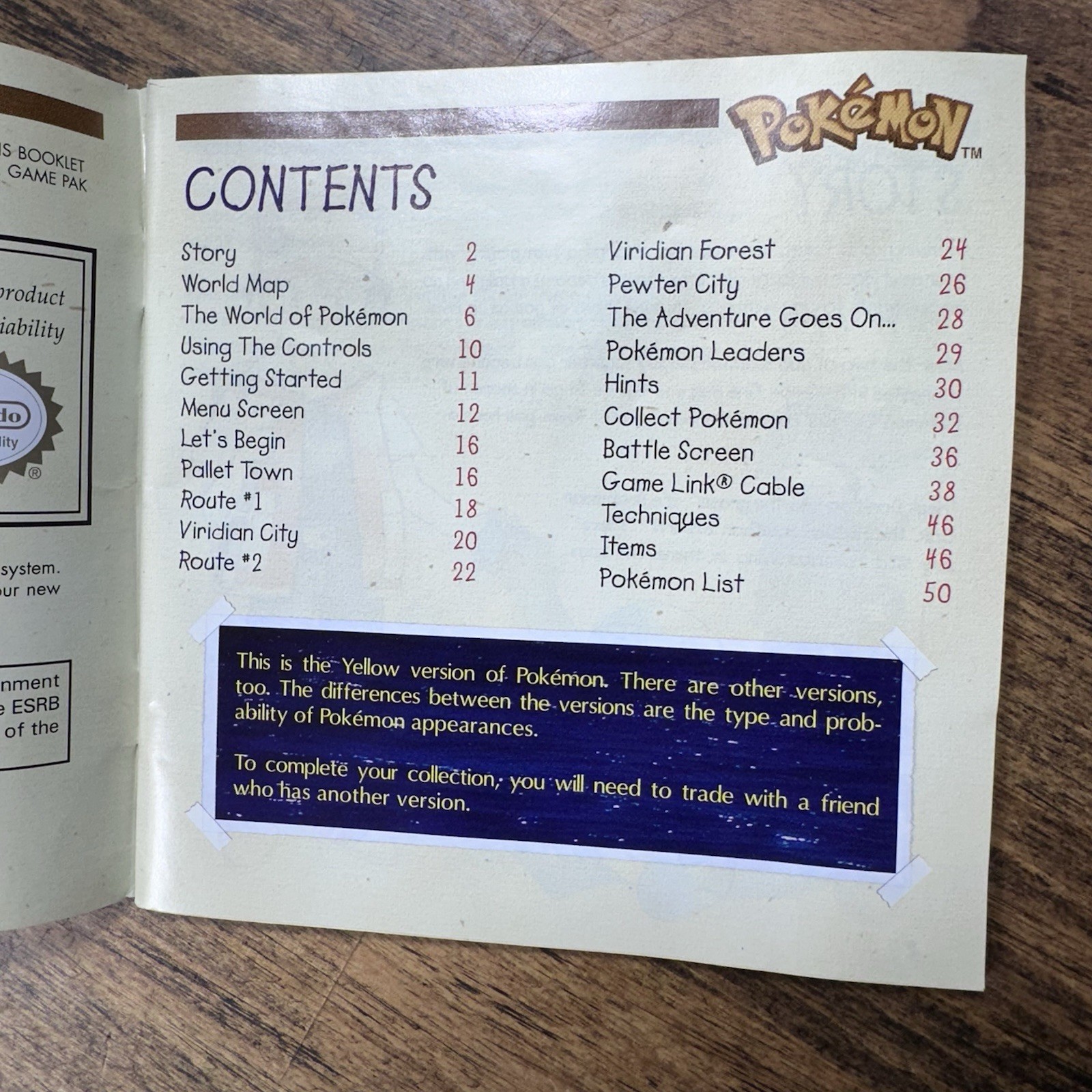 Pokemon Yellow Manual Only Trainer’s Guide Gameboy