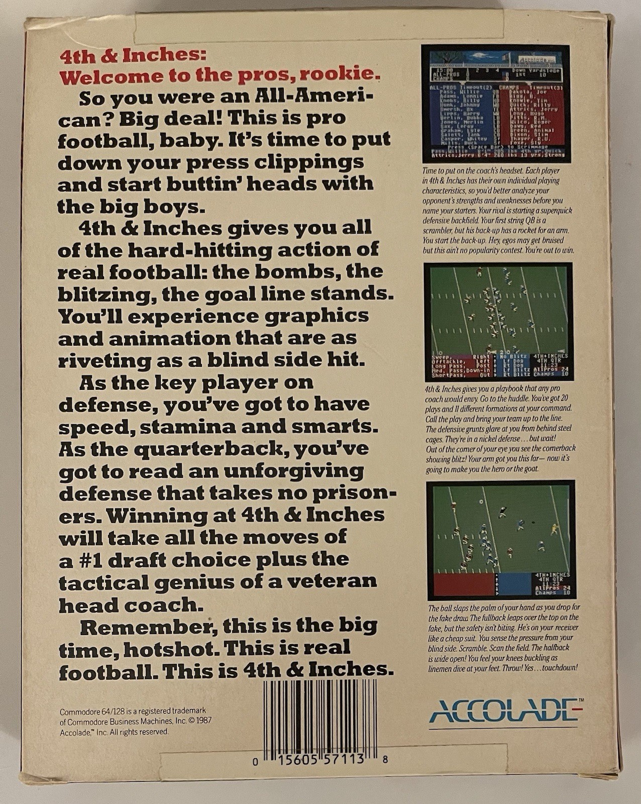 4th & Inches Football Accolade Tested Commodore 64 128 Disk Box Manual 1987 C64