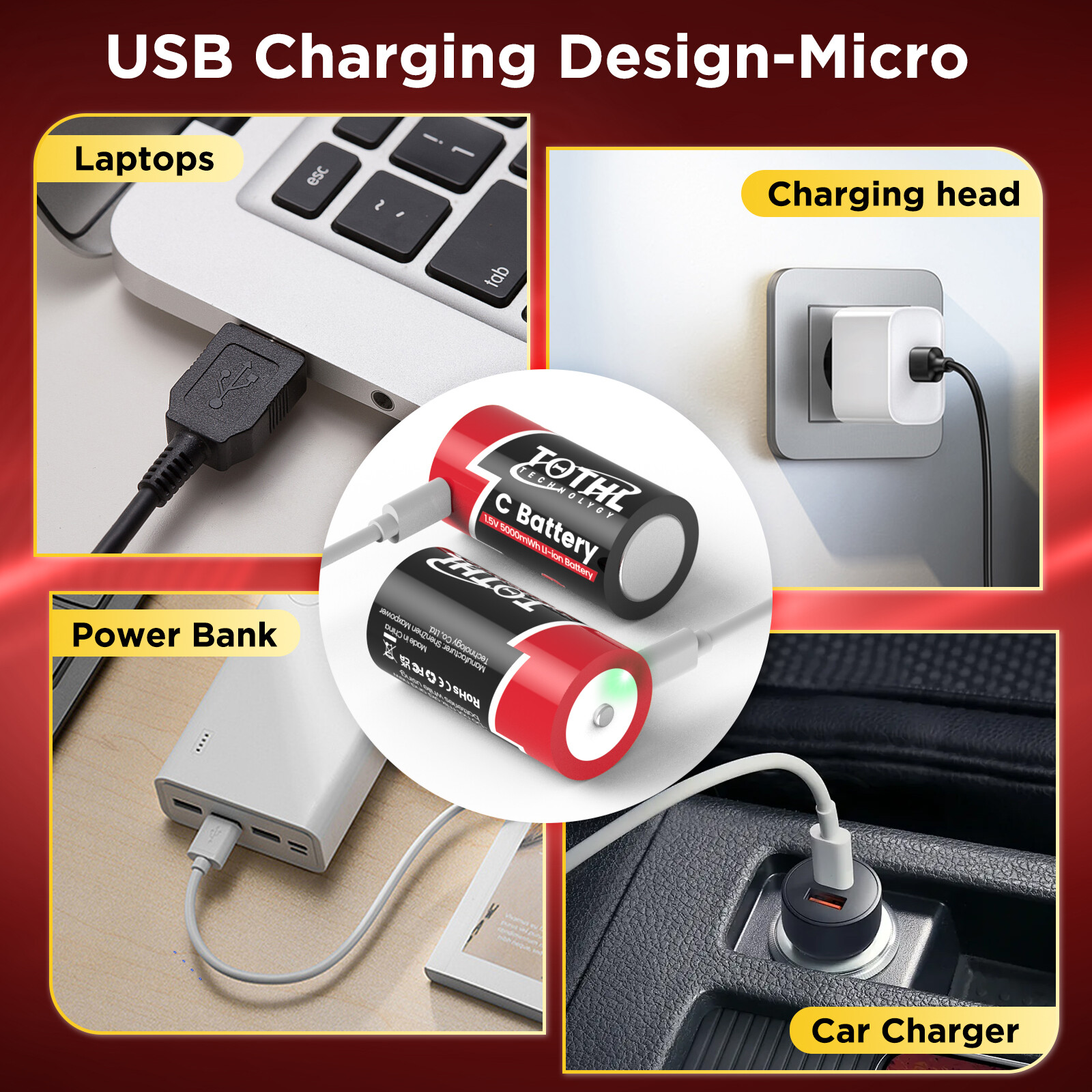 Rechargeable Lithium C Batteries 6 Pack, 1.5V C Cell Batteries with 4 in 1 US