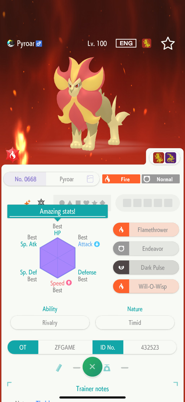 ✨6IV SHINY Pyroar Male + EVS🚀 POKEMON HOME✨Champions✨Online delivery⚡
