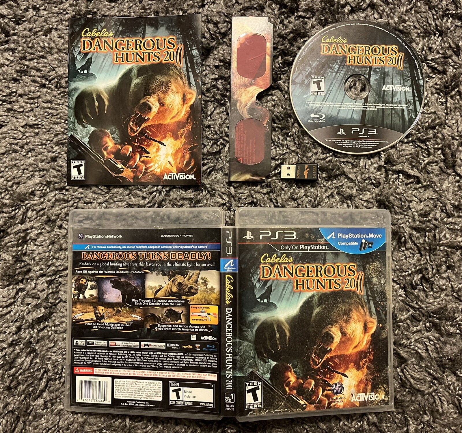 Cabelas Dangerous Hunts 2011 MINT DISC PlayStation 3 PS3 Complete 3D Glasses USB
