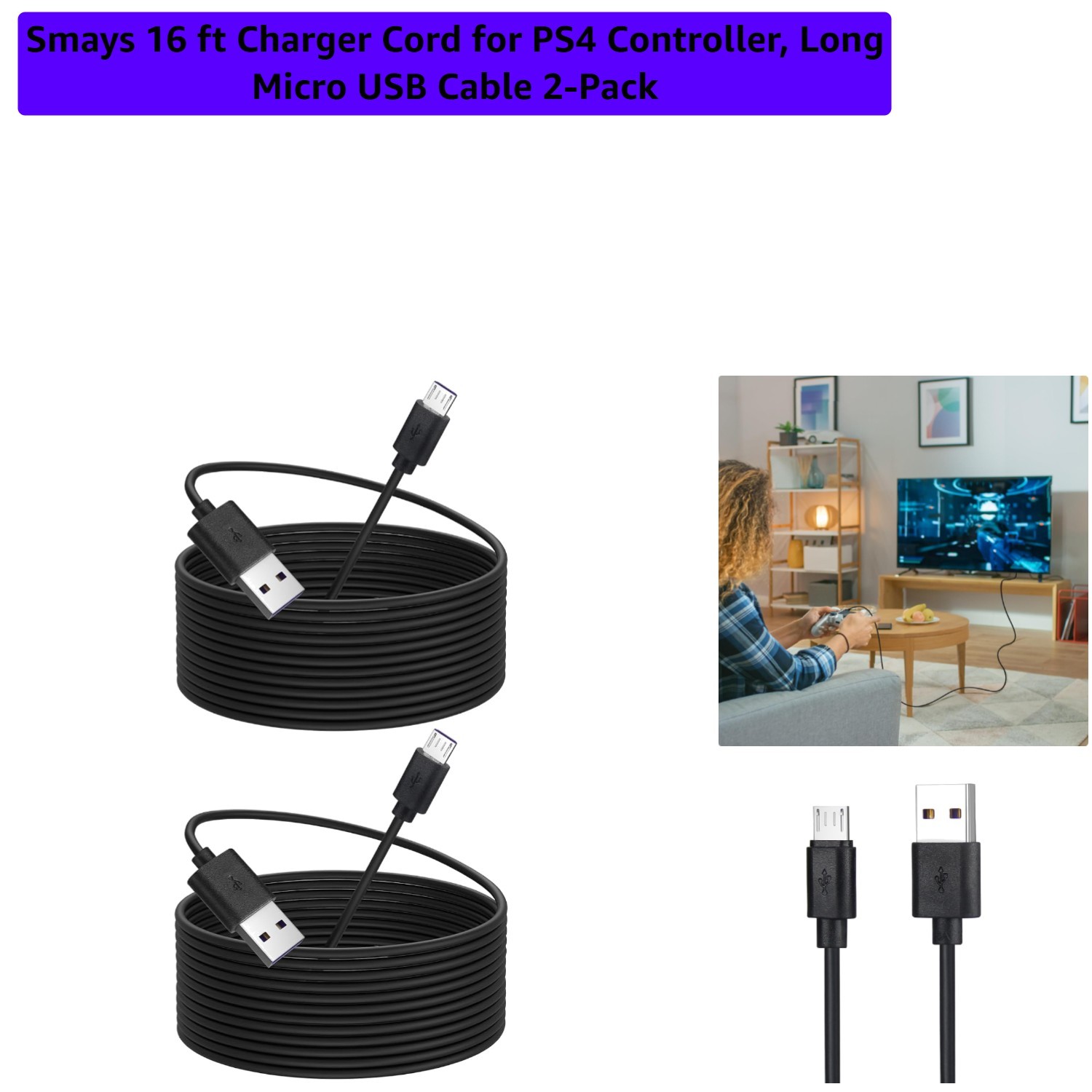 16 ft Durable Micro USB Charge Cable Set for PS4/Xbox – Two Cords Included