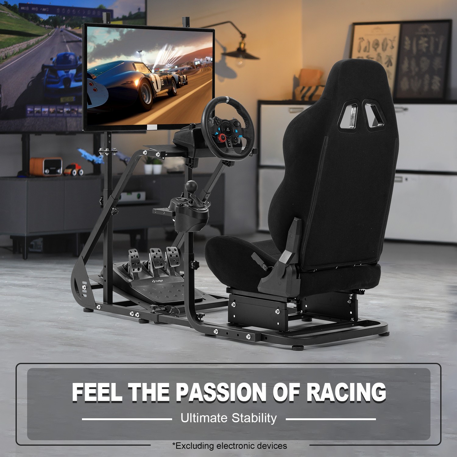 Marada Racing Simulator Cockpit With Monitor Stand & Black Seat Fit For Logitech