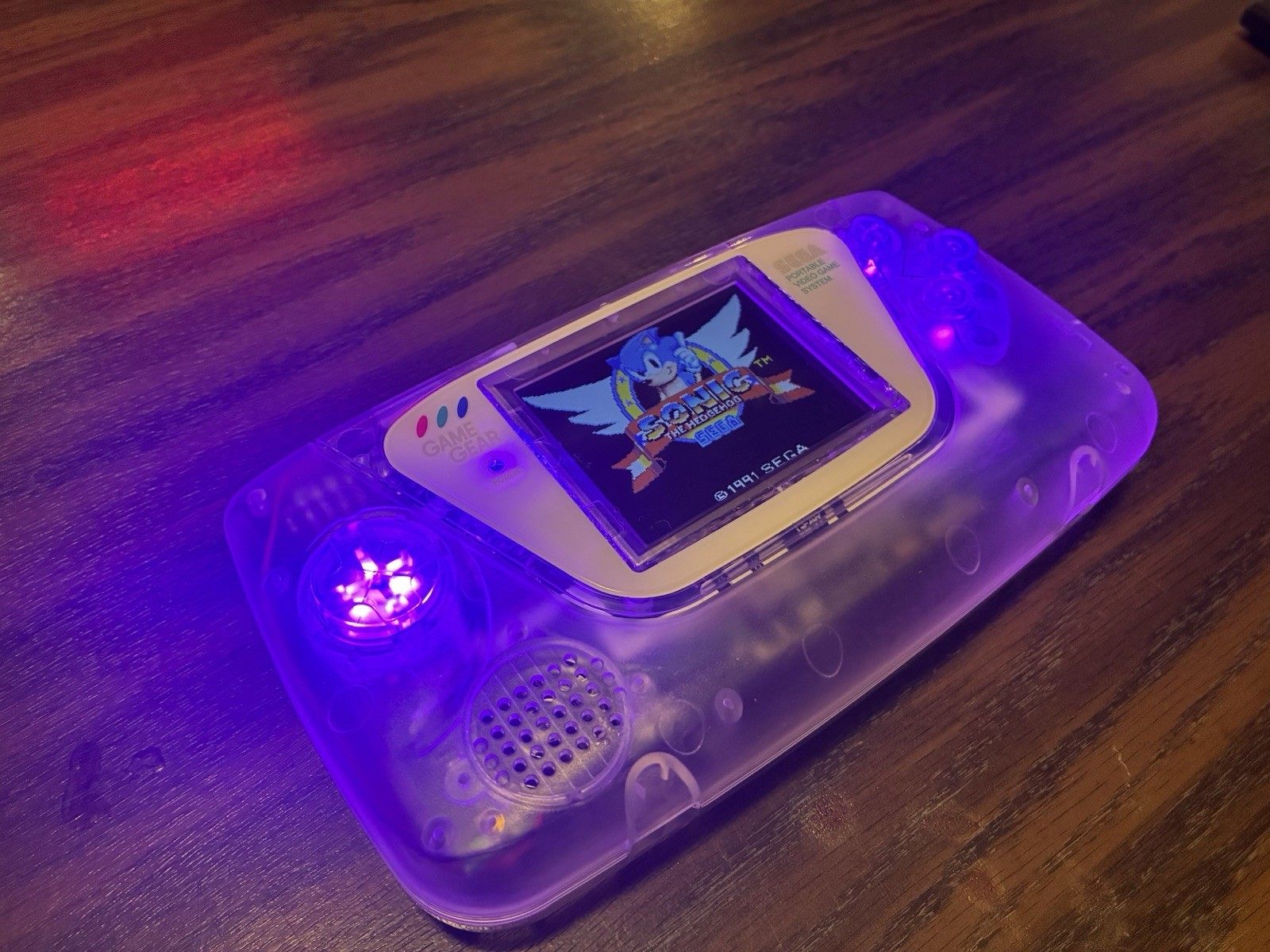 Sega game gear custom modded purple LEDs IPS Screen Recapped Clear shell