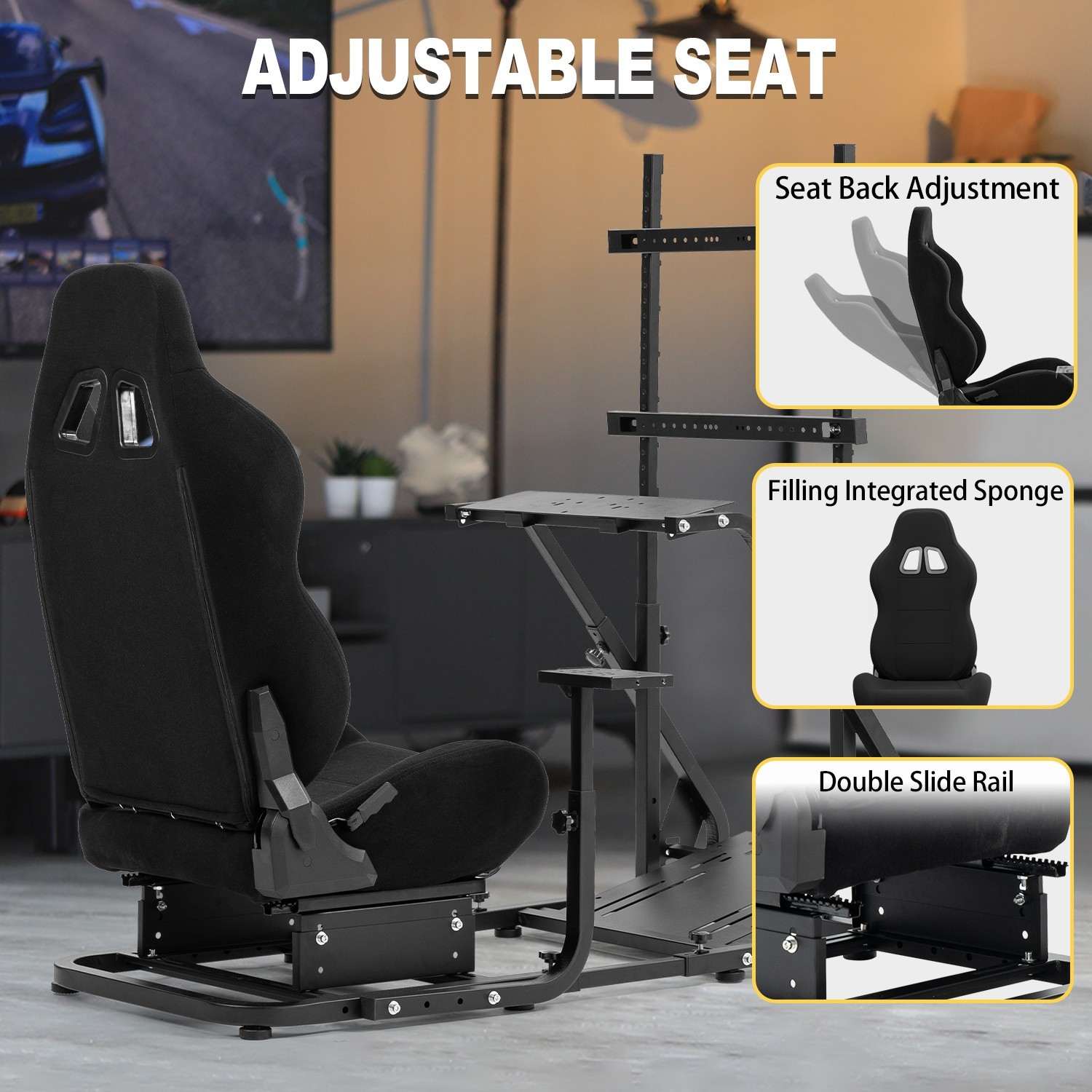 Marada Racing Simulator Cockpit With Monitor Stand & Black Seat Fit For Logitech