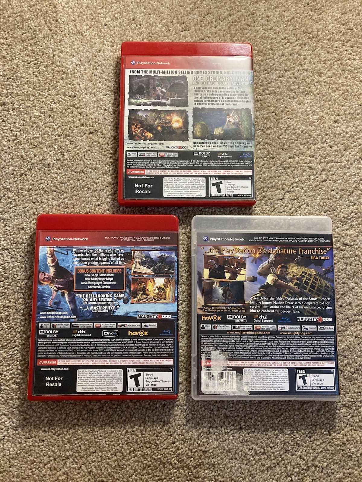Uncharted 1, 2, & 3 Trilogy LOT (Sony PlayStation 3) RARE OOP COMPLETE IN BOX
