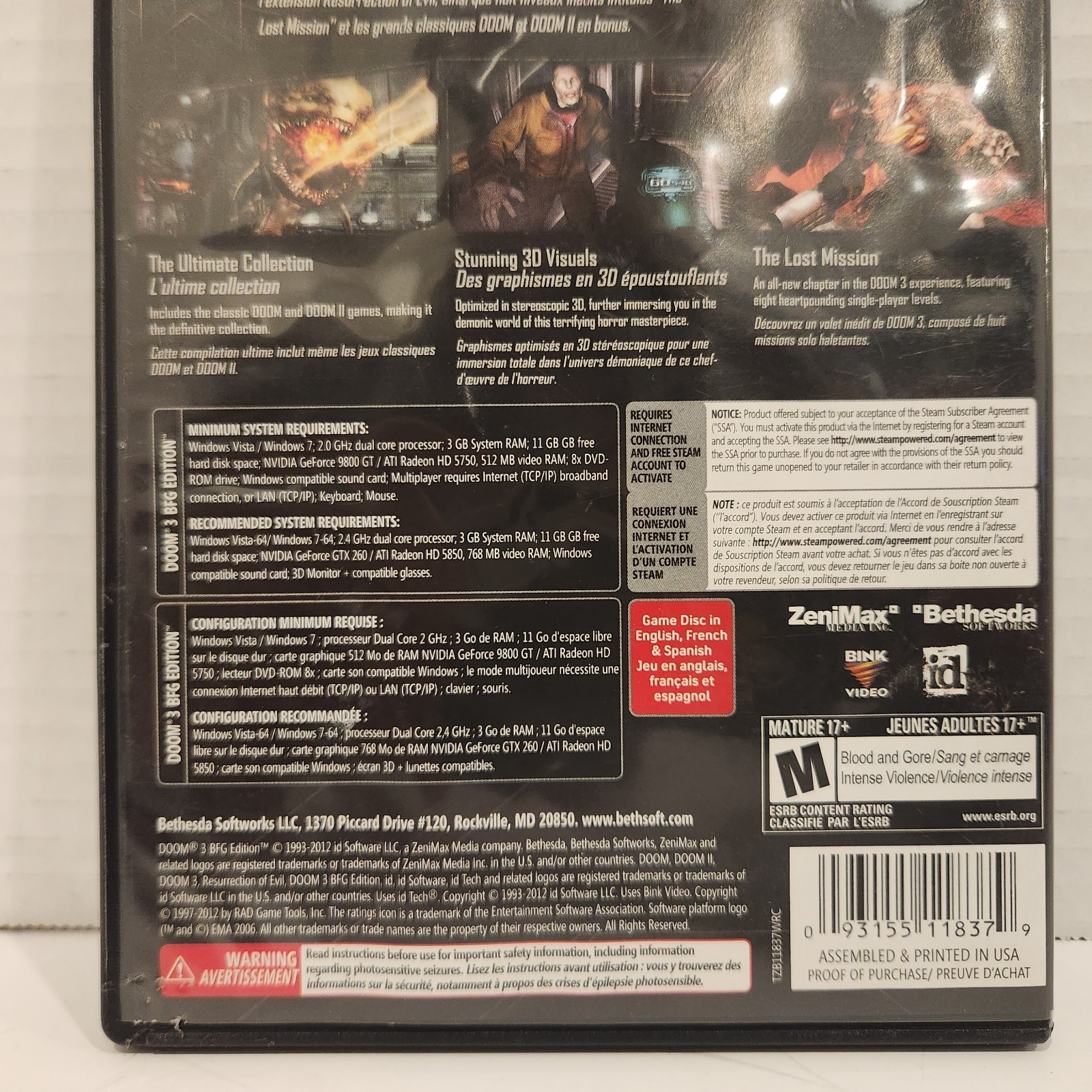 Doom 3: BFG Edition (2012, PC/DVD-ROM, Bethesda) Mature 17+ FREE SHIPPING