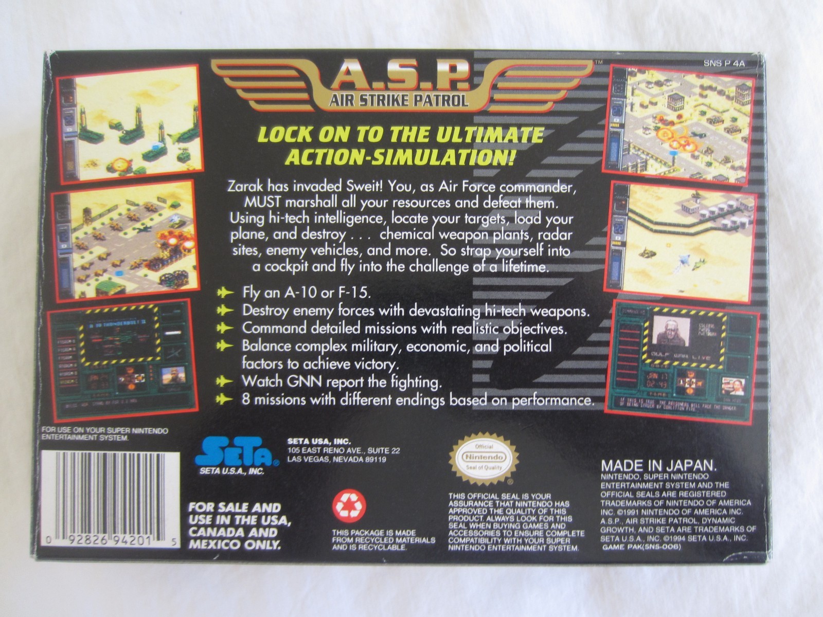 A.S.P. Air Strike Patrol (SNES) Super Nintendo CIB Complete Box 1995 SETA RARE