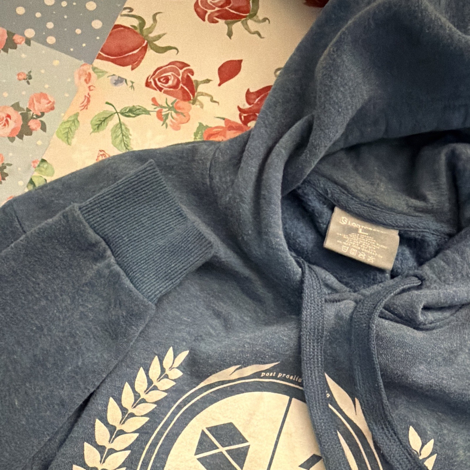 Loot Crate Blue Hooded Pullover Hoodie Sweatshirt Size L White Emblem