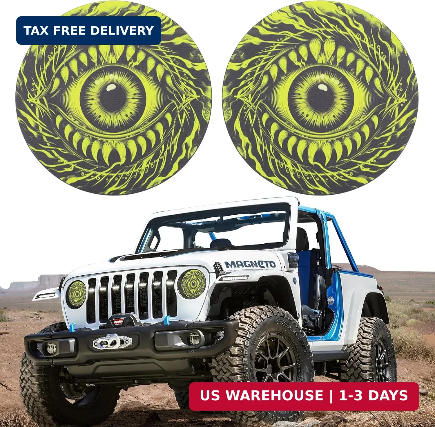 2PCS Beast Eyes Headlight Decals for Jeep Wrangler JK JL TJ – 7.87″ Round Demon